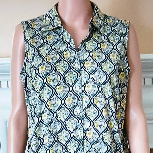 Sleeveless Floral Button Down Blouse 6 Charter Club Blue Yellow Lattice Print - Picture 1 of 12